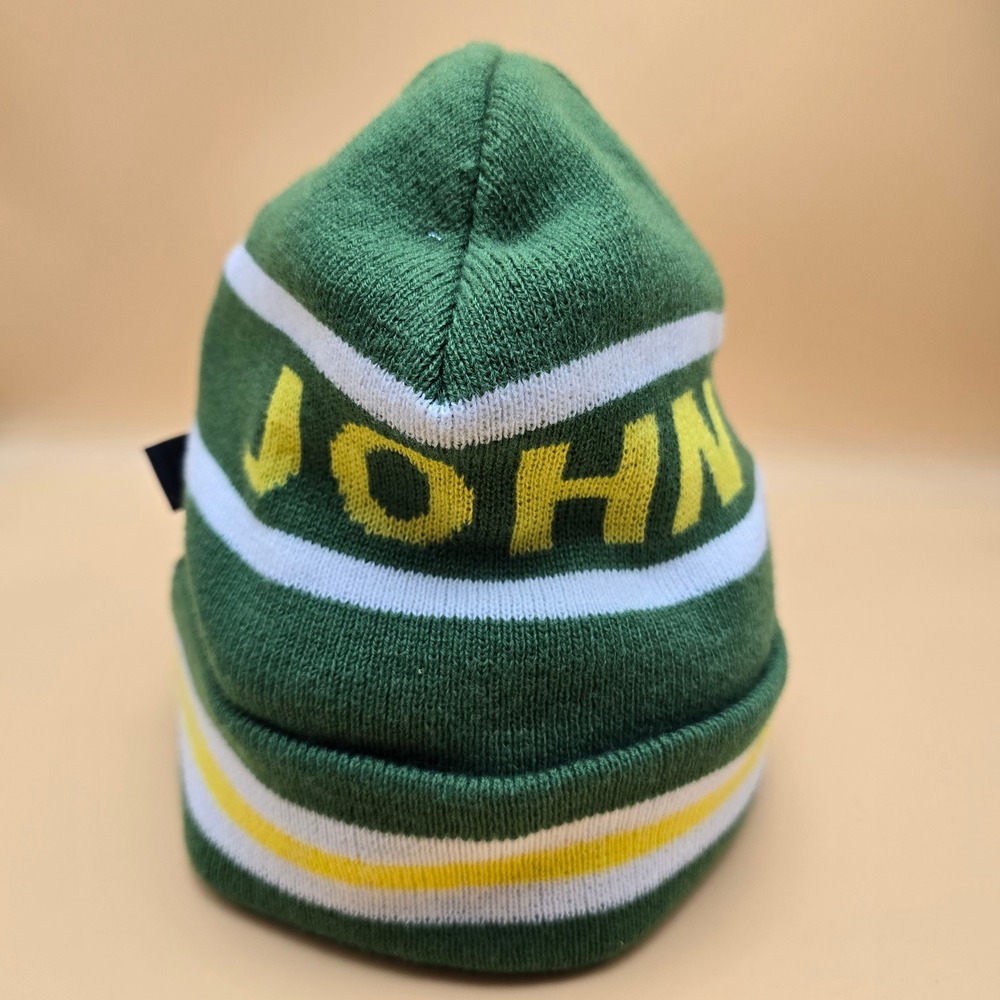John‎ Deere Green Knit Beanie Hat Yellow Striped Winter Cap J. America One Size